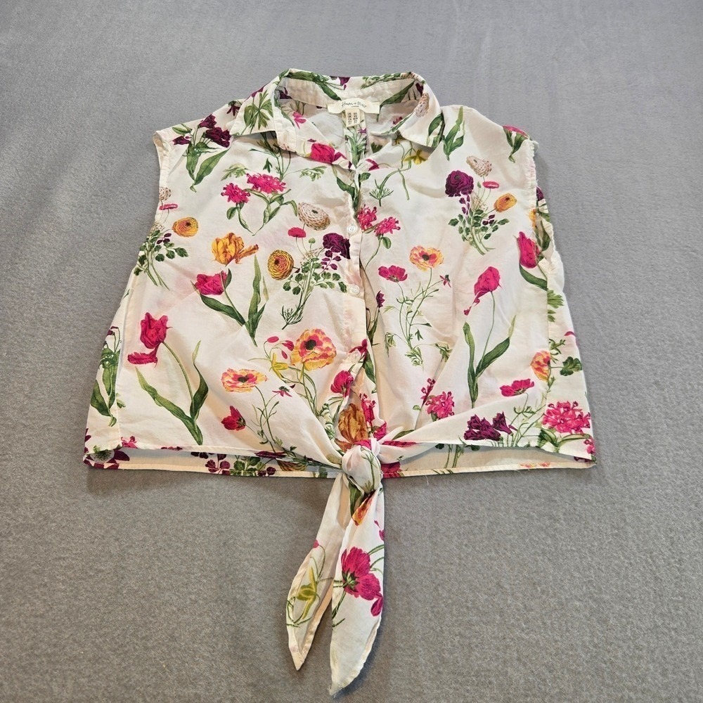 Haver & Blair Floral Tie Front Shirt Womens XS‎ White Pink Botanical Sleeveless